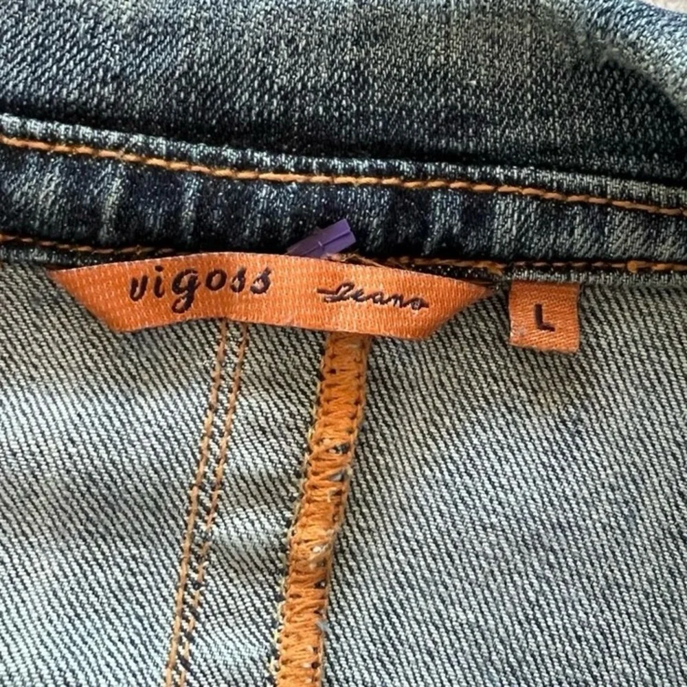 Vigoss Jeans Distressed Corduroy Patches Blue and Tan Utility‎ Denim Jean Jacket